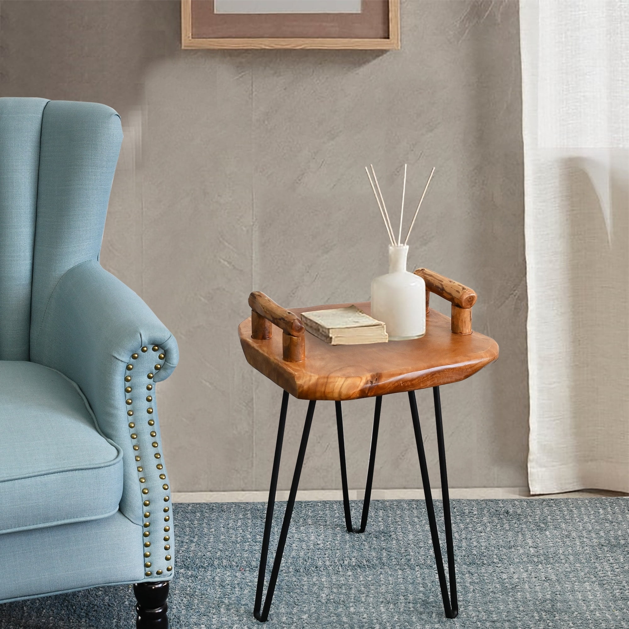 Natural Cedar Wood End Table with Black Metal Legs