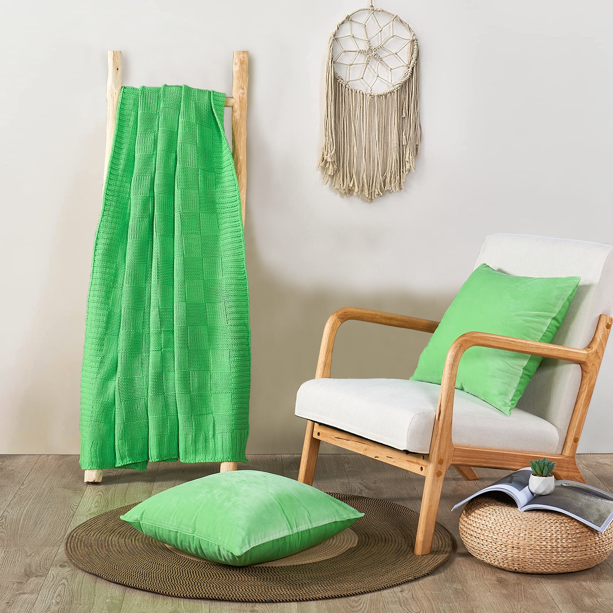 Green Knitted Throw Blanket and Pillow Cover Set