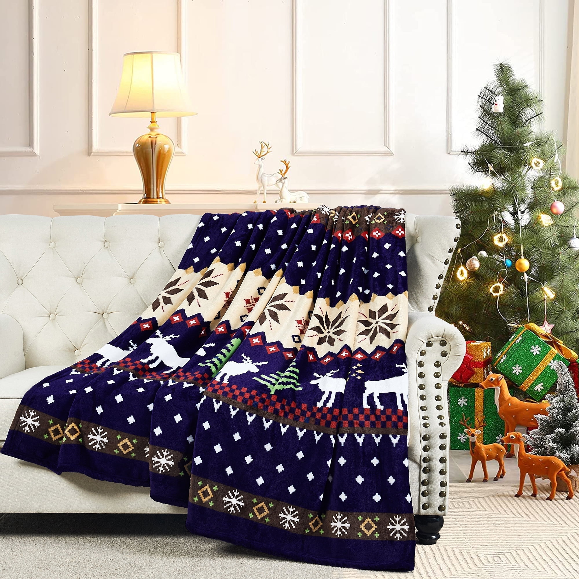 Blue Christmas Deer Queen Fleece Electric Blanket