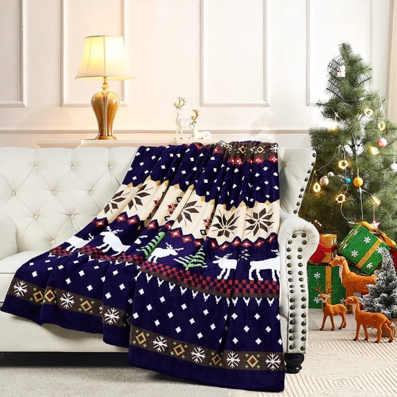 Home Soft Things Christmas Printed Flannel Fleece Blanket - Blue Christmas Deer - Queen (90" x 90")