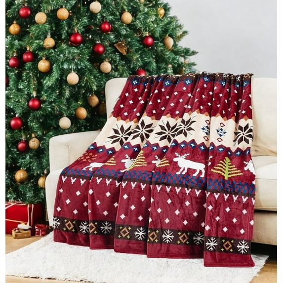 Home Soft Things Christmas Printed Flannel Fleece Blanket - Burgundy Christmas Deer - Twin (60" x 90")