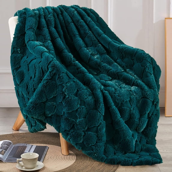 Home Soft Things Cloud Carved Faux Fur Embossed Throw Blanket with Micromink Back, Luxury Soft Cozy Plush Fluffy Fuzzy Reversible Thick Warm Throw Blanket, 60x70 inches, Teal