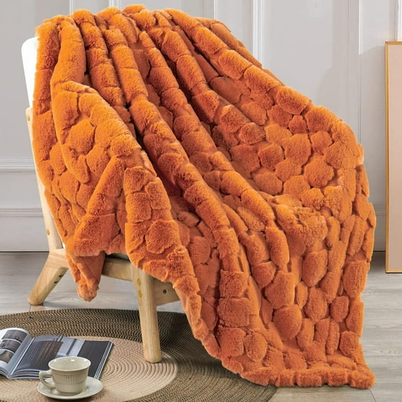 Home Soft Things Cloud Carved Faux Fur Embossed Throw Blanket with Micromink Back, Luxury Soft Cozy Plush Fluffy Fuzzy Reversible Thick Warm Throw Blanket, 60x70 inches, Burnt Orange