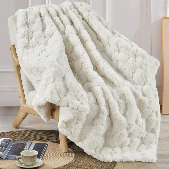 Home Soft Things Cloud Carved Faux Fur Embossed Throw Blanket with Micromink Back, Luxury Soft Cozy Plush Fluffy Fuzzy Reversible Thick Warm Throw Blanket, 50x60 inches, White