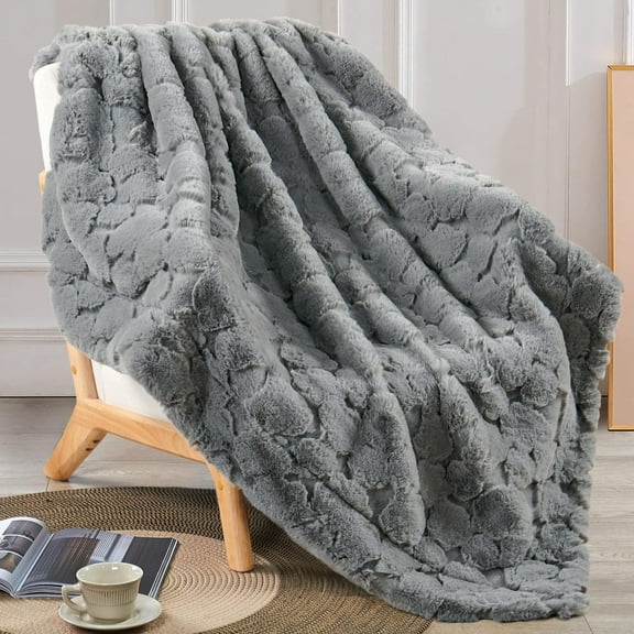 Home Soft Things Cloud Carved Faux Fur Embossed Throw Blanket with Micromink Back, Luxury Soft Cozy Plush Fluffy Fuzzy Reversible Thick Warm Throw Blanket, 60x70 inches, Grey