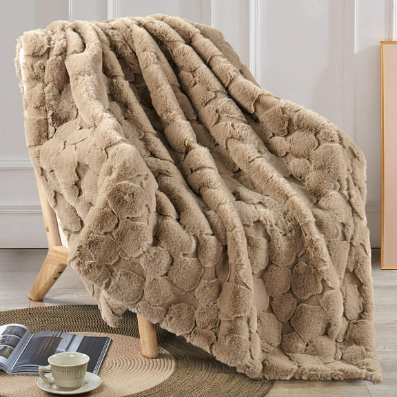 Home Soft Things Cloud Carved Faux Fur Embossed Throw Blanket with Micromink Back, Luxury Soft Cozy Plush Fluffy Fuzzy Reversible Thick Warm Throw Blanket, 50x60 inches, Light Taupe