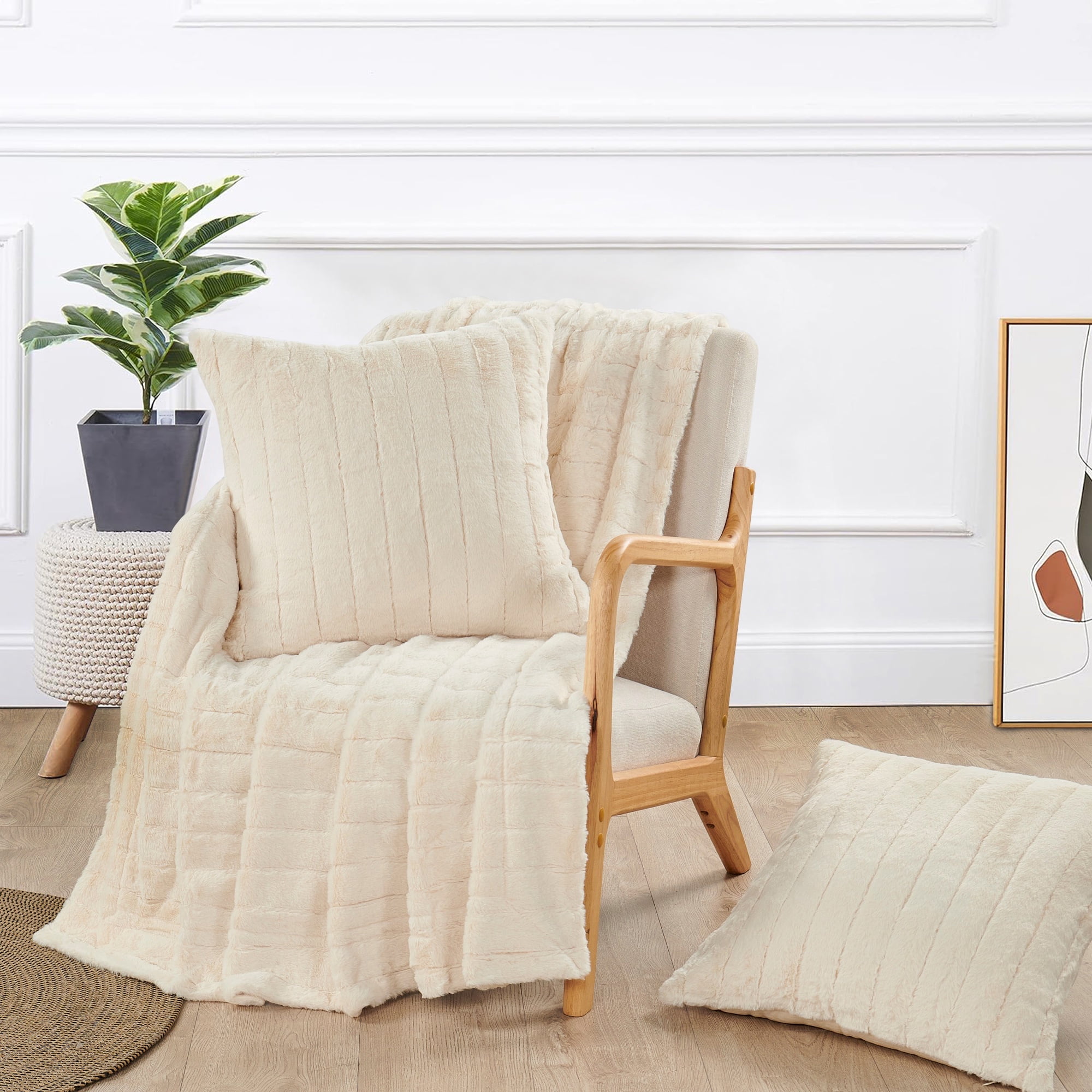 Antique White Faux Fur Throw Blanket and Pillow Set