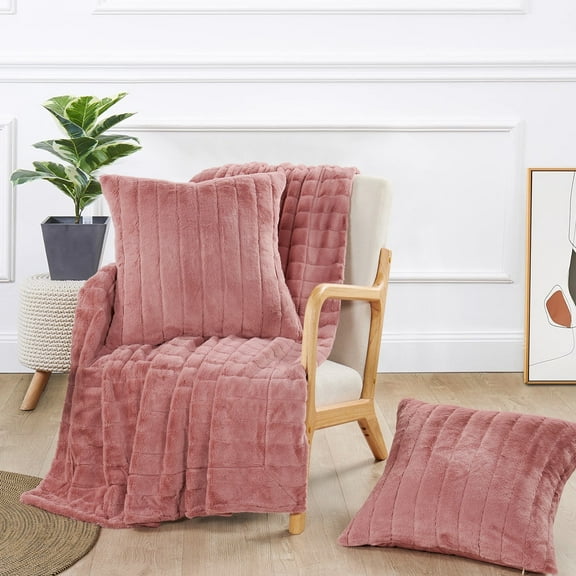 Home Soft Things Plush Faux Fur Throw & 2 Pillow Covers Set - Ash Rose - 50"x60"/18"x18"