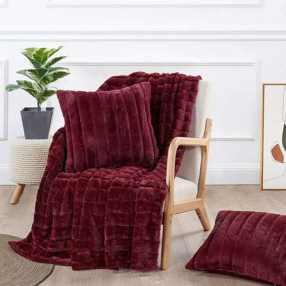 Home Soft Things Comfy Fluffy Throw & 2 Pillow Covers Combo - Burgundy - 50" x 60"/18" x 18"