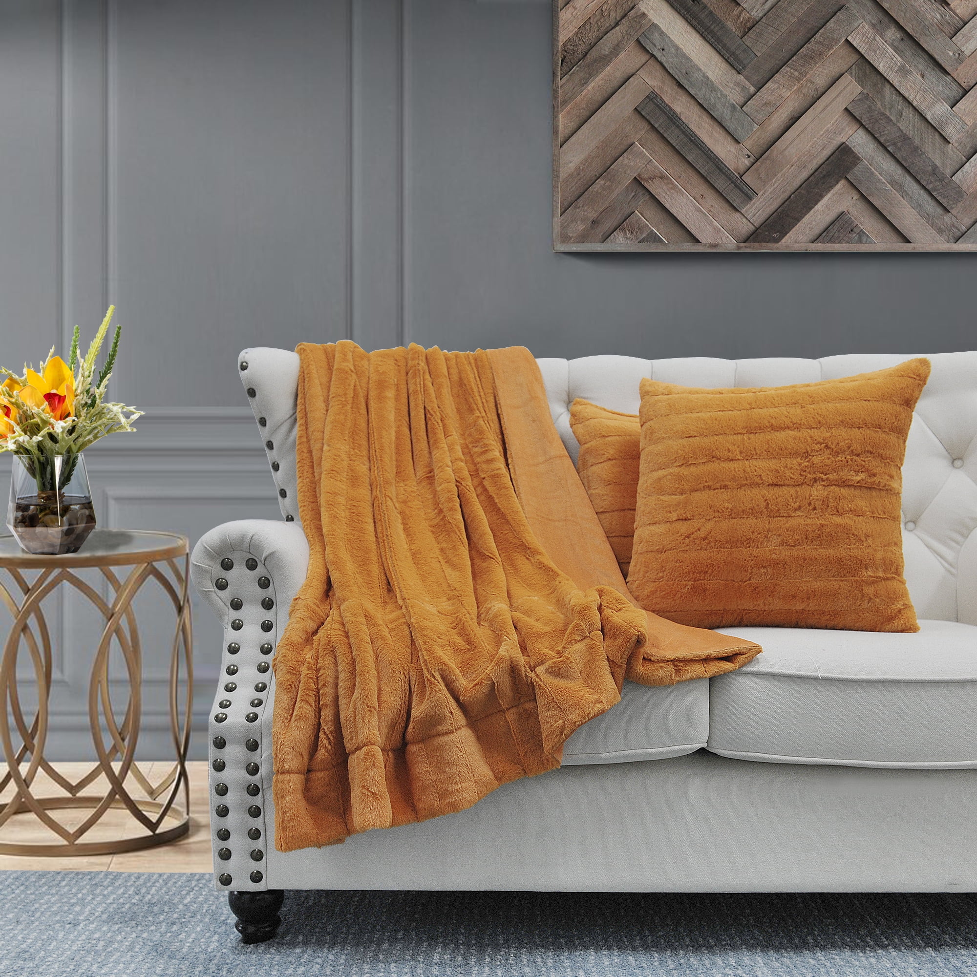 Home Soft Things Comfy Fluffy Throw & 2 Pillow Covers Combo Burnt