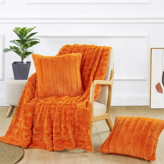 Home Soft Things Plush Faux Fur Throw & 2 Pillow Covers Set - Burnt Orange - 60"x80"/18"x18" Jumbo