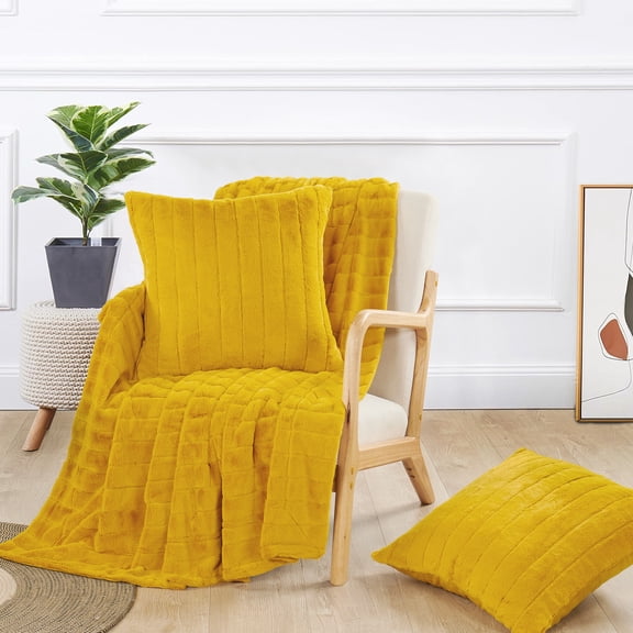 Home Soft Things Plush Faux Fur Throw & 2 Pillow Covers Set - Lemon Curry - 50"x60"/18"x18"
