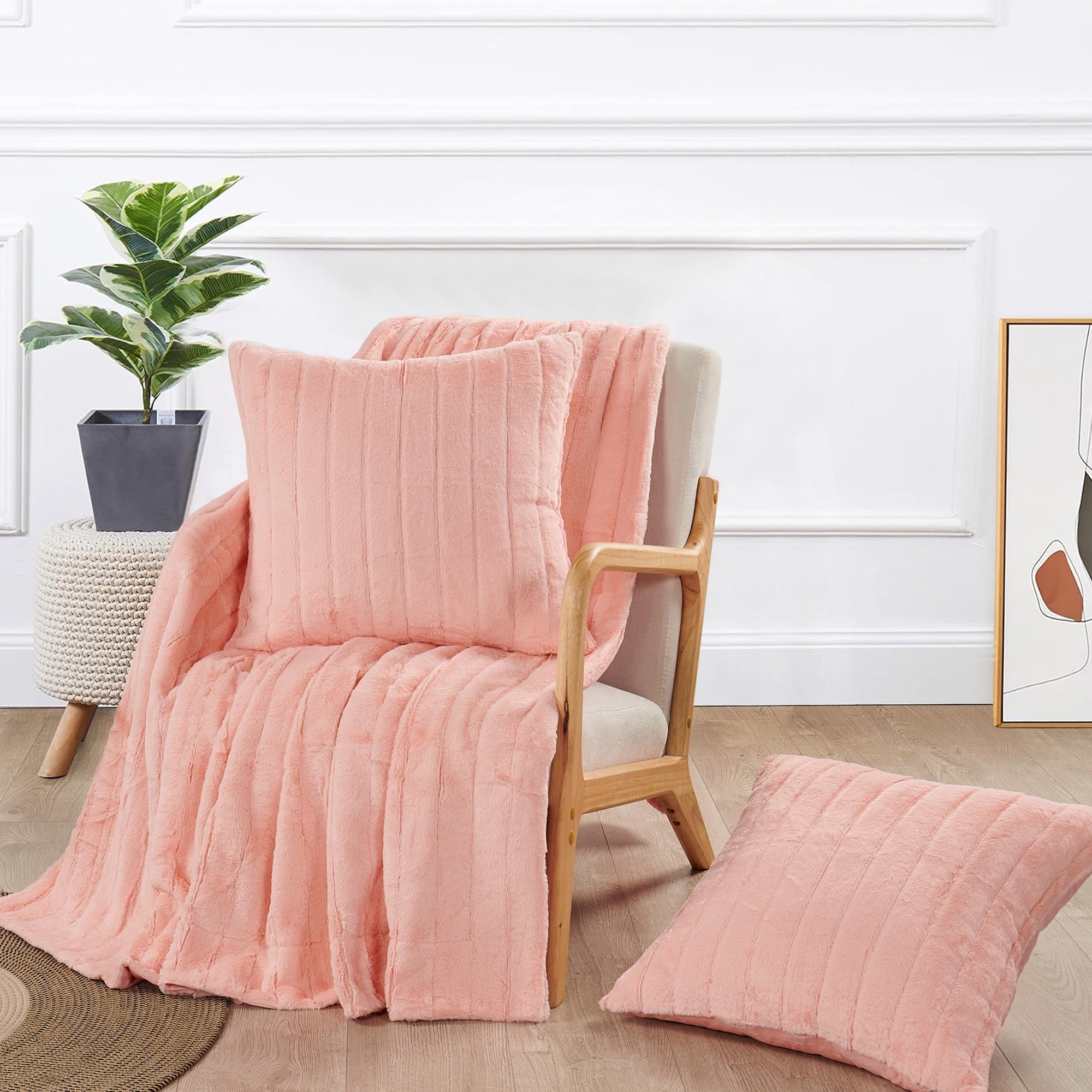 Peach Echo Faux Fur Reversible Throw Blanket and Pillow Set