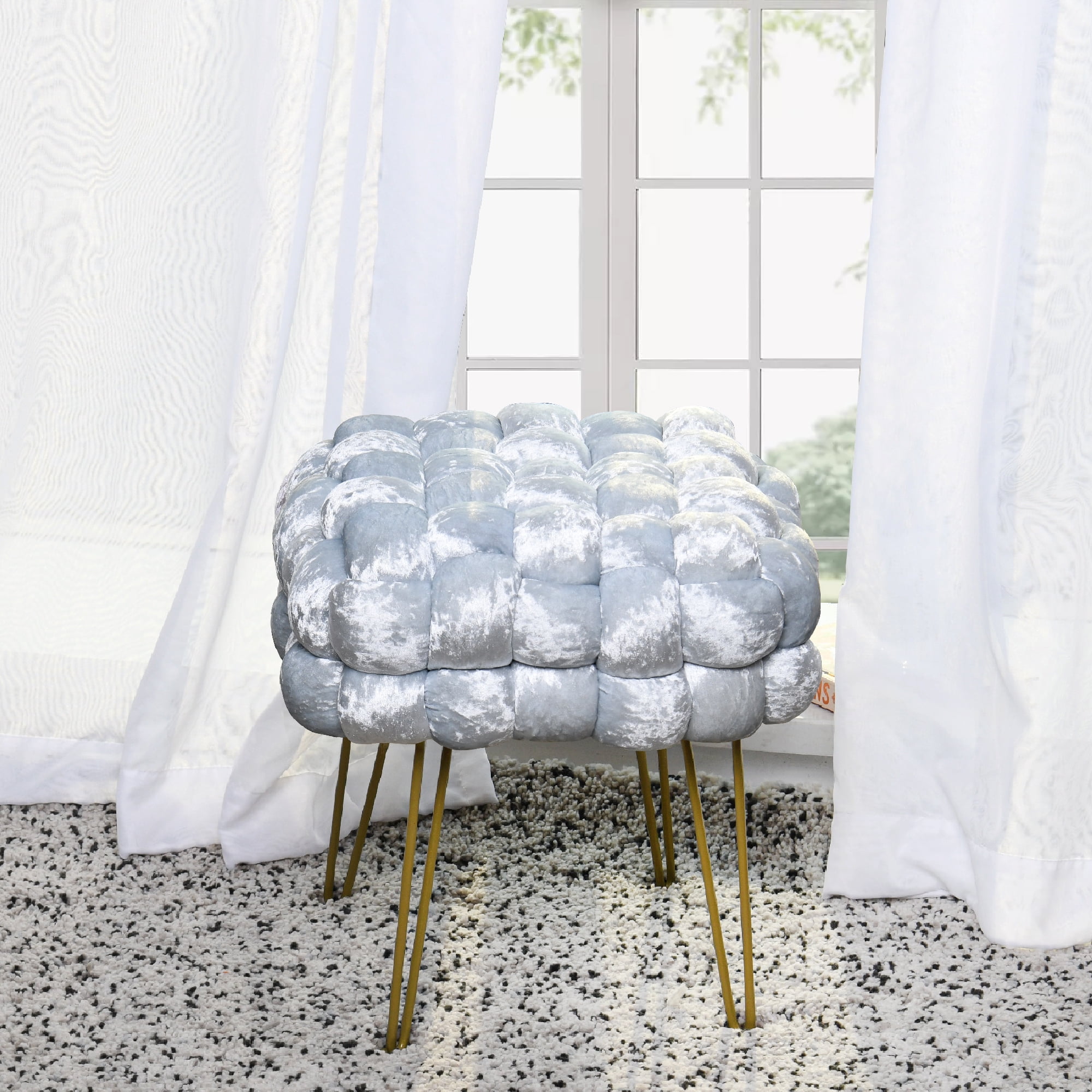 Light Blue Crushed Velvet Square Pouf Ottoman with Gold Legs