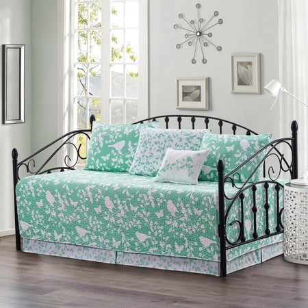 Home Soft Things 6-Piece Reversible Quilted Daybed Cover Set w/ Bedskirt, Shams & Pillow - Birdsong Teal, 75"x39"