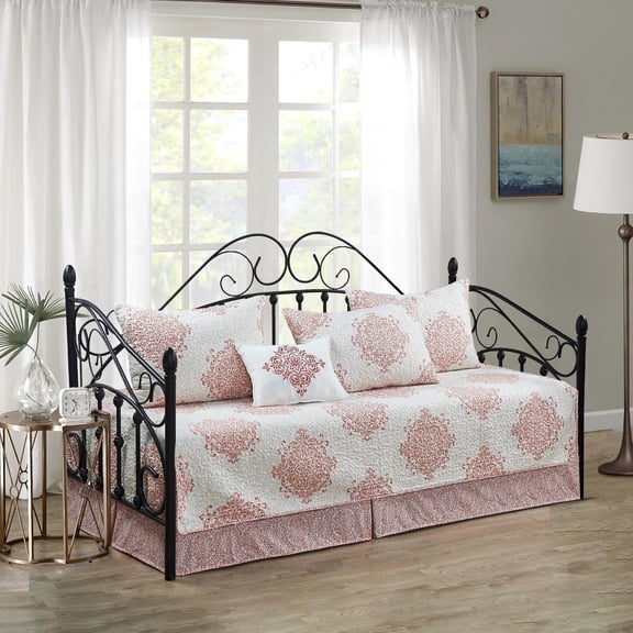 Home Soft Things Daybed Bedding Cover Set Reversible Quilted Bedspread Coverlet with Bedskirt, Matching Shams, Decorative Pillow - Chelsea - Coral - 75" x 39" - 6 Piece