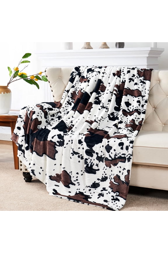 Cow Print Double Sided Faux Fur Throw Blanket, Soft Cozy Fuzzy Black and White Throw, 50x60 inches