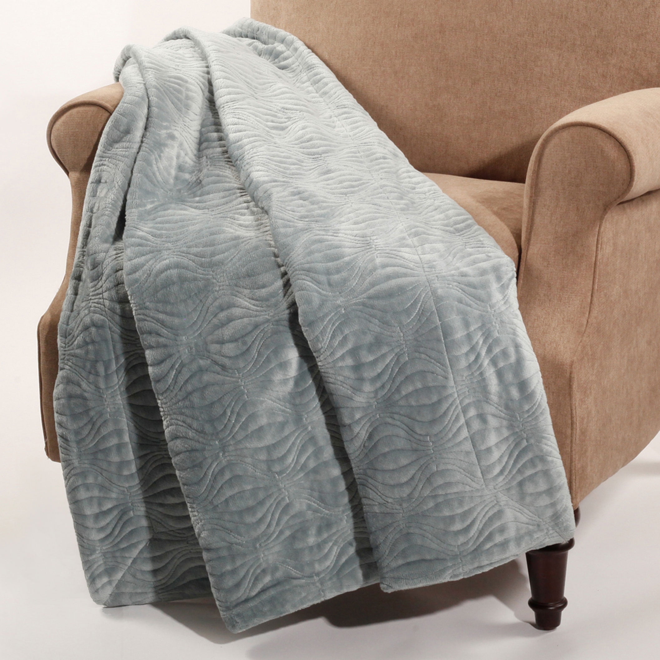 Silver Blue Quilted Flannel Fleece Reversible Throw Blanket