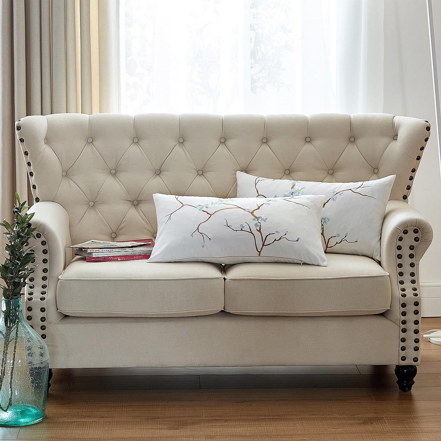 Cherry Blossom Embroidered Light Blue Lumbar Pillow Set