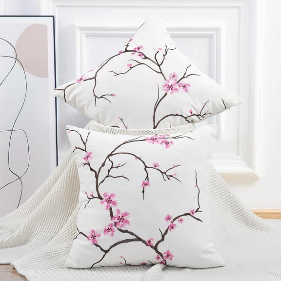 Home Soft Things Embroidery Canvas Throw Pillow Cover Pillow Case 2 Piece Set - Cherry Blossom - Pink - 20" x 20"
