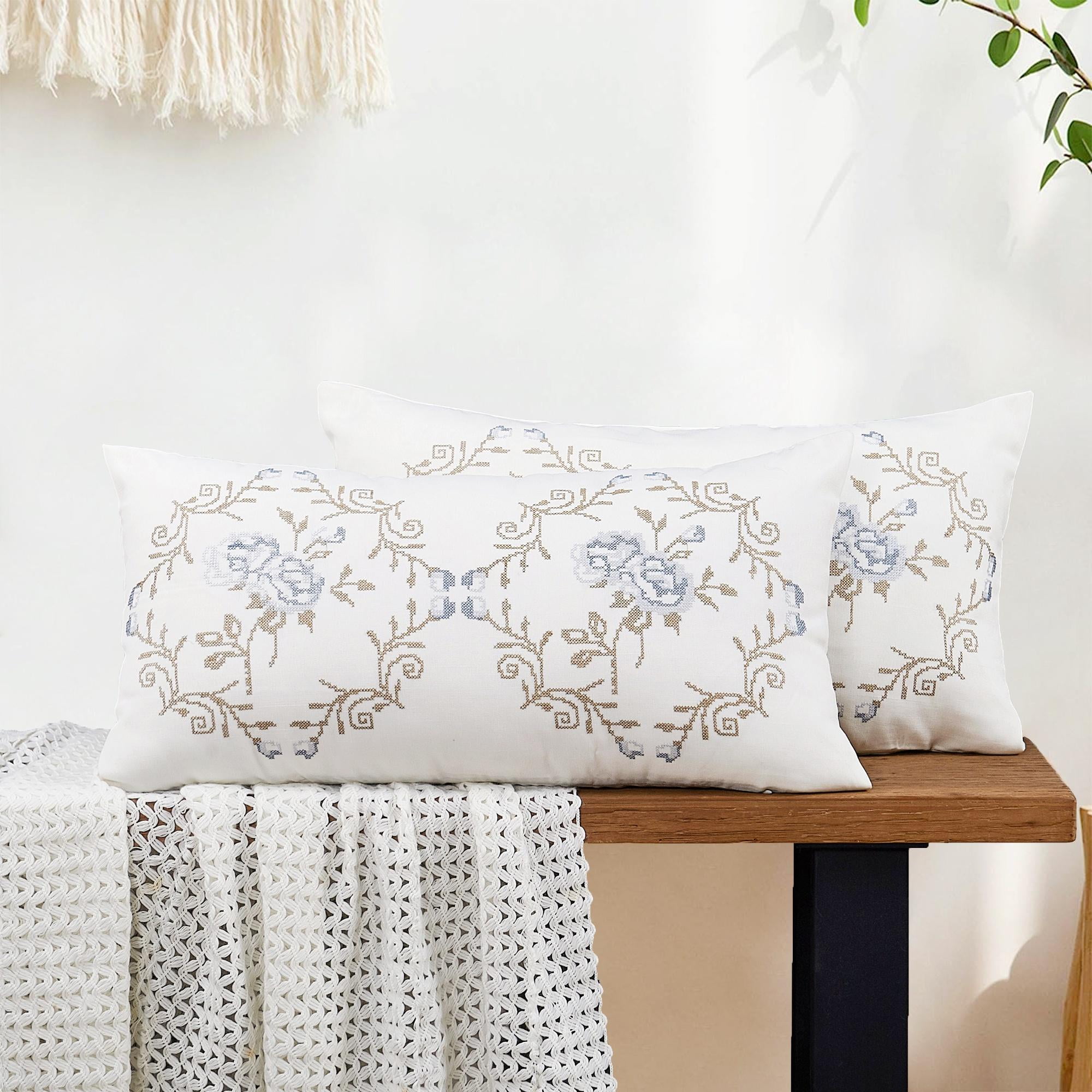 Gray Blue Embroidered Polyester Lumbar Pillow Covers Set