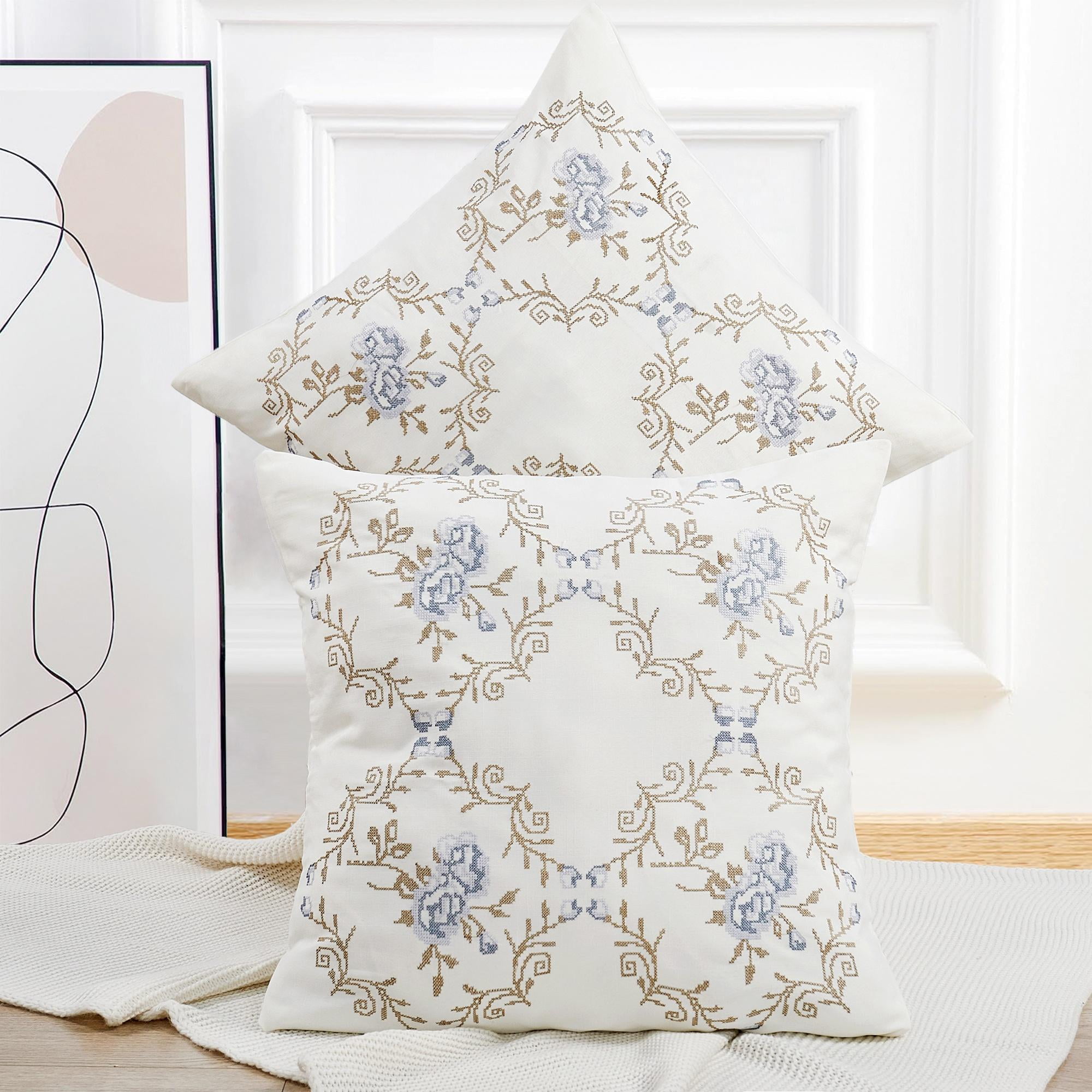 Gray Blue Embroidered Polyester Euro Pillow Covers Set