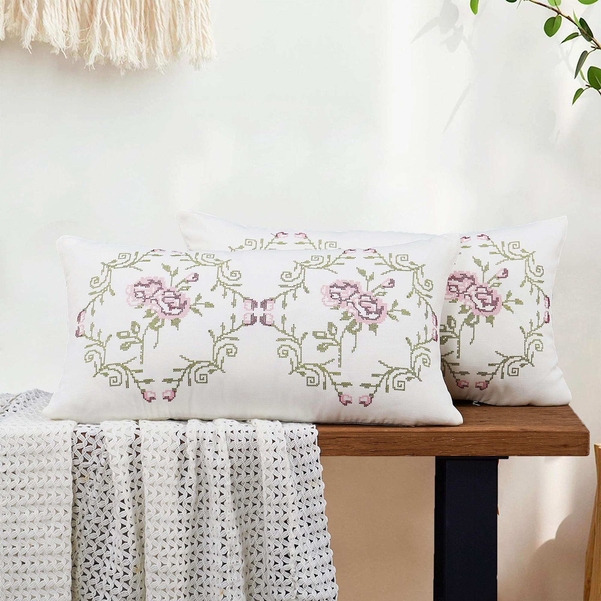 Light Pink Rose Embroidered Lumbar Pillow Cover Set