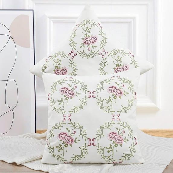 Home Soft Things Embroidery Canvas Throw Pillow Cover Pillow Case 2 Piece Set - Rose - Light Pink - 20" x 20"