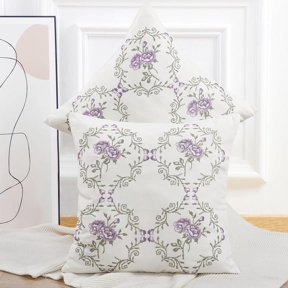 Home Soft Things Embroidery Canvas Throw Pillow Cover Pillow Case 2 Piece Set - Rose - Lilac - 20" x 20"