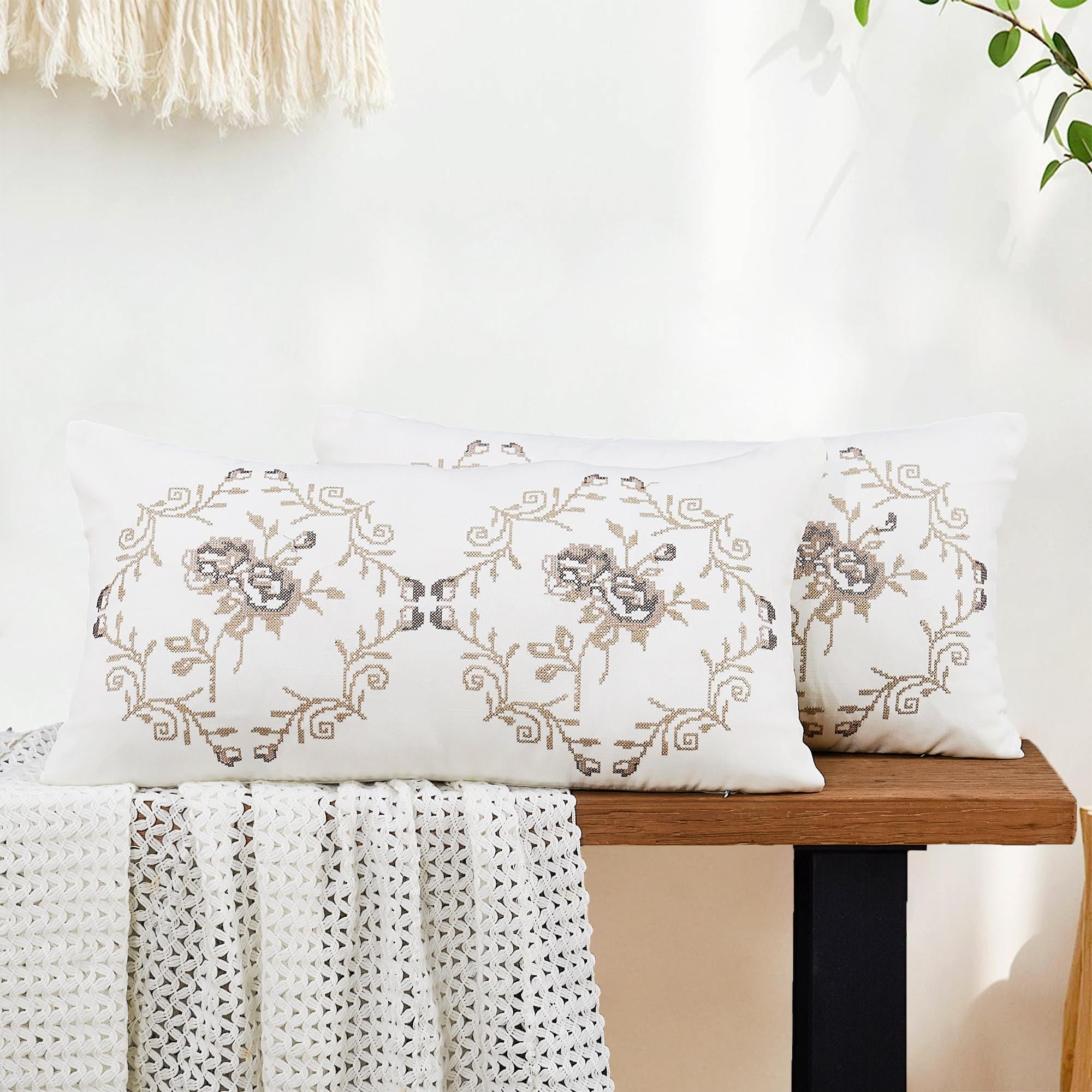 Taupe Rose Embroidered Euro Lumbar Pillow Covers Set