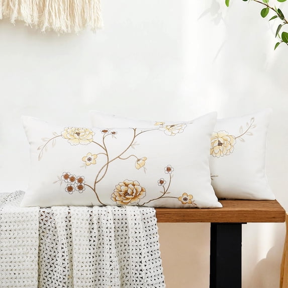 Home Soft Things Embroidery Canvas Throw Pillow Cover Pillow Case 2 Piece Set - Spring Flower - Gold - 14" x 26" LUMBAR