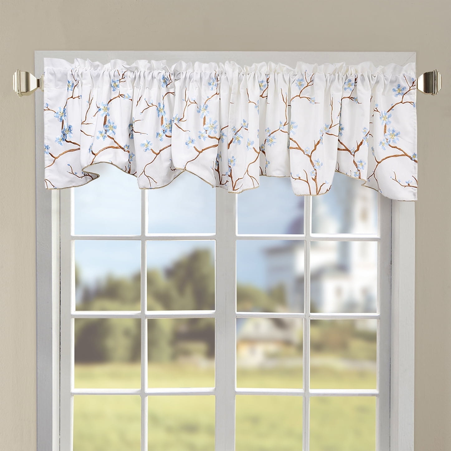 Cherry Blossom Light Blue Embroidered Window Valance