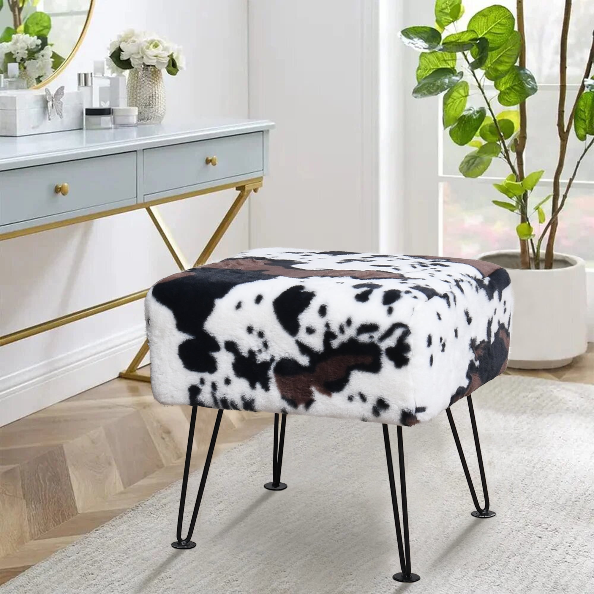 Home Soft Things Faux Fur Ottoman - Cows Flowers - Black Leg - 17x17x17"
