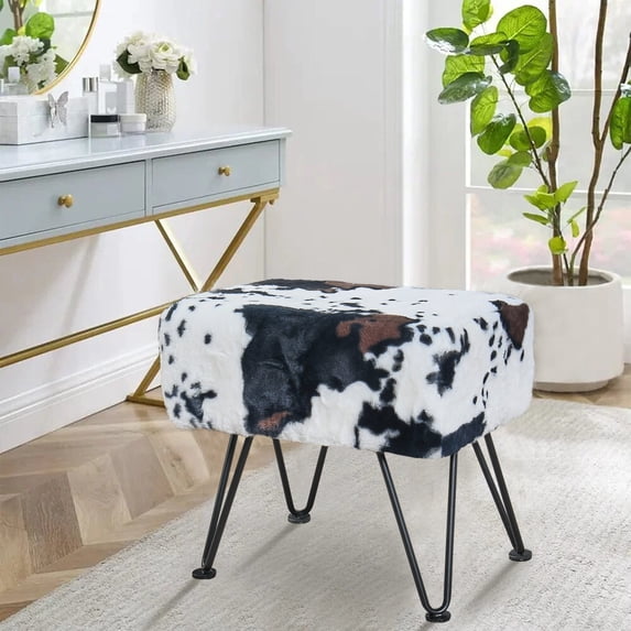 Home Soft Things Faux Fur Ottoman - Cows Flowers - Black Leg - 19x13x17''