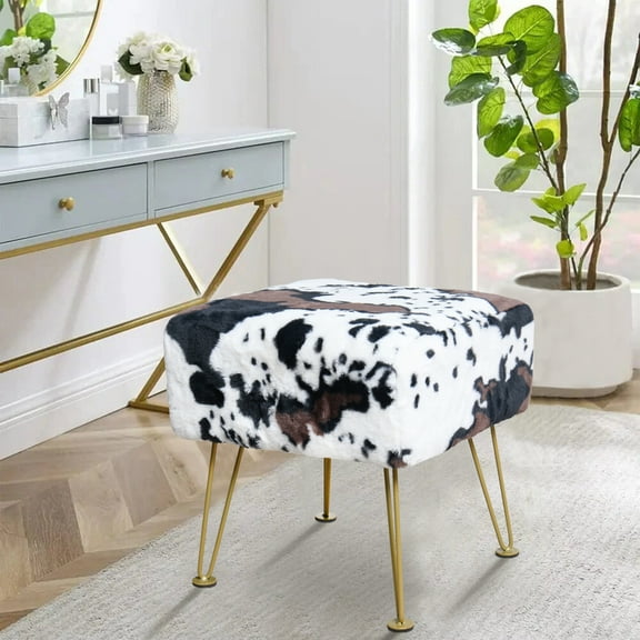 Home Soft Things Faux Fur Ottoman - Cows Flowers - Gold Leg - 17x17x17"