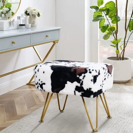 Home Soft Things Faux Fur Ottoman - Cows Flowers - Gold Leg - 19x13x17"