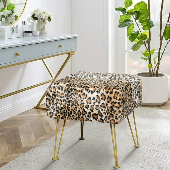 Home Soft Things Faux Fur Ottoman- Leopard - Gold Leg - 17x17x17"