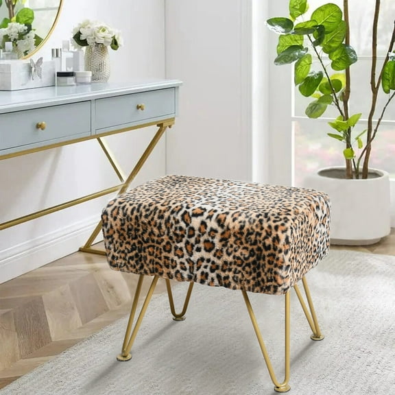 Home Soft Things Faux Fur Ottoman- Leopard - Gold Leg - 19x13x17"