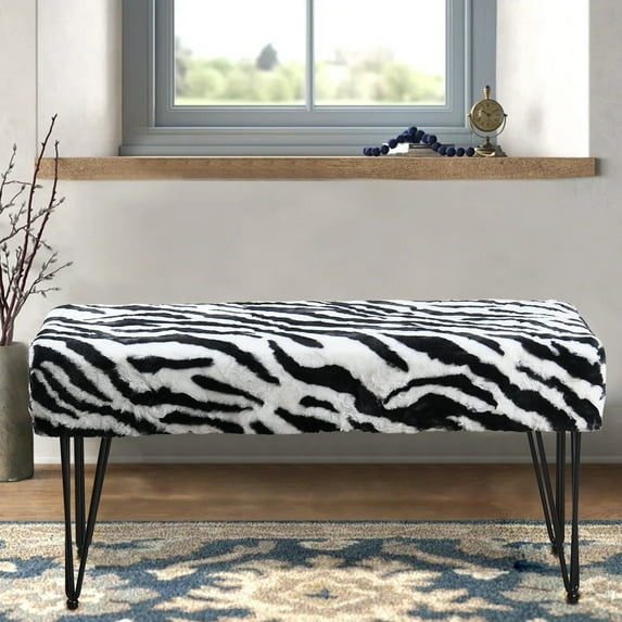 Home Soft Things Faux Fur Ottoman- Zebra - Black Leg - 46x16x22"