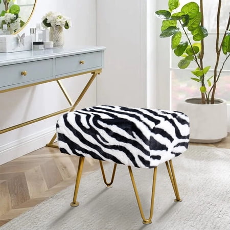 Home Soft Things Faux Fur Ottoman- Zebra - Gold Leg - 19x13x17"