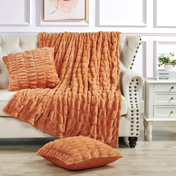 Home Soft Things Faux Fur Shar Pei Throw & Pillow Cover Combo - Burnt Orange - 50" x 60"/20" x 20"