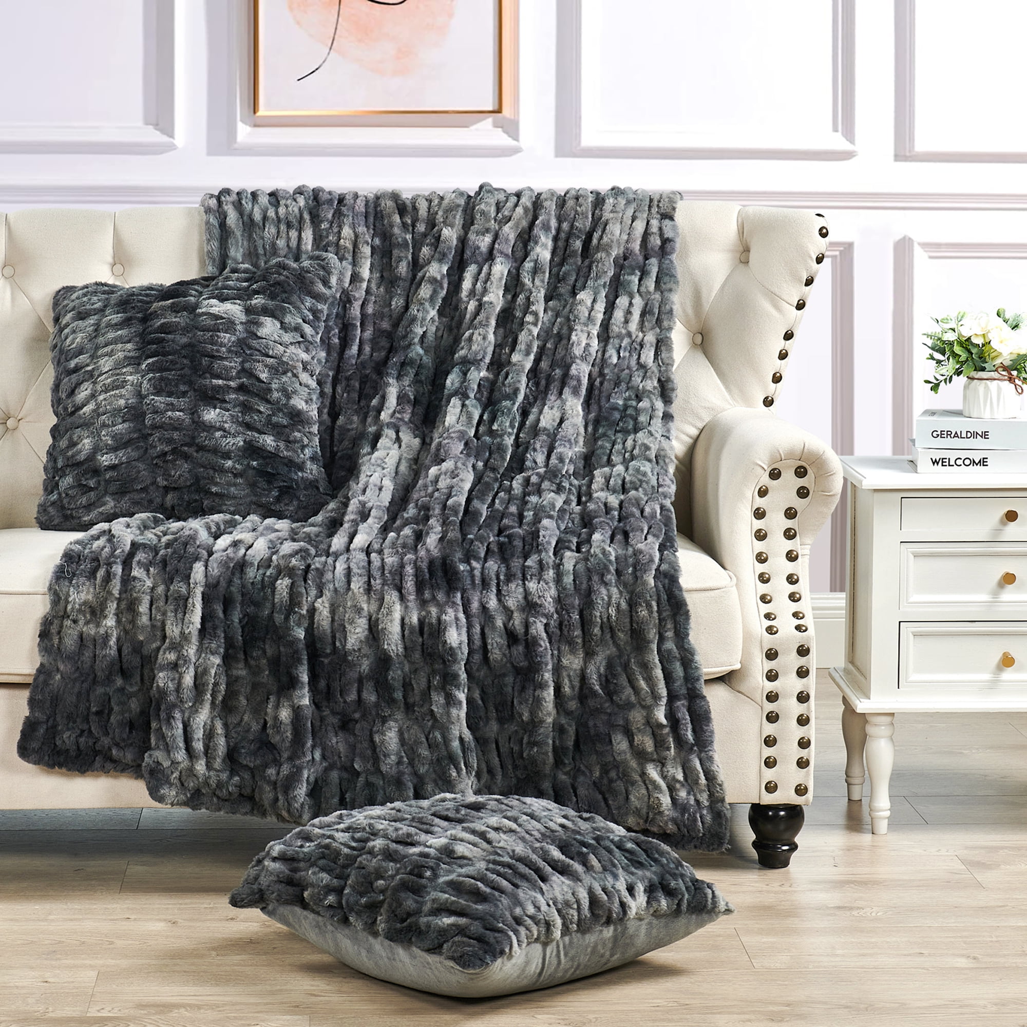 Home Soft Things Faux Fur Shar Pei Throw & Pillow Cover Combo - Meteorite - 50" x 60"/20" x 20"