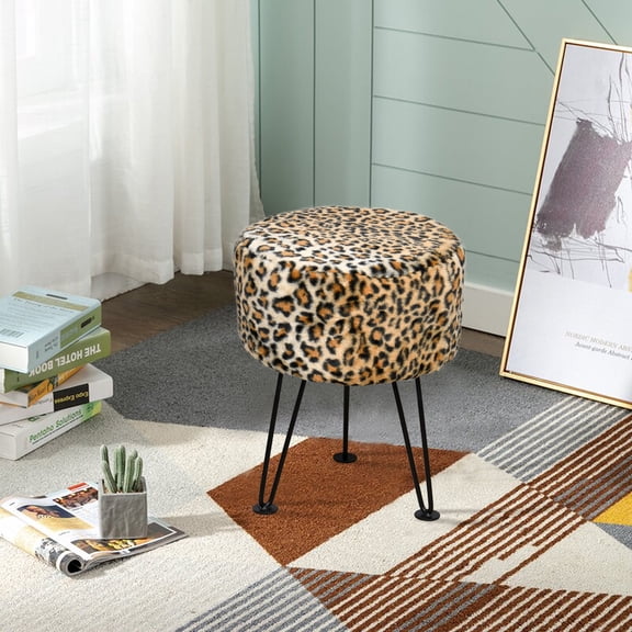 Home Soft Things Faux Fur Stool - Leopard - Black Leg - 13x13x17"