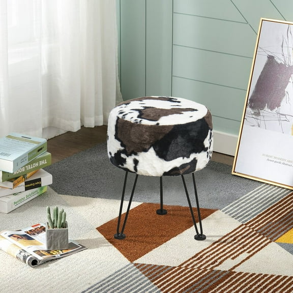 Home Soft Things Faux Fur Stool Ottoman- Cows Flowers - Black Leg - 13x13x17"