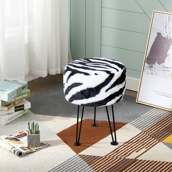 Home Soft Things Faux Fur Stool - Zebra - Black Leg - 13x13x17"