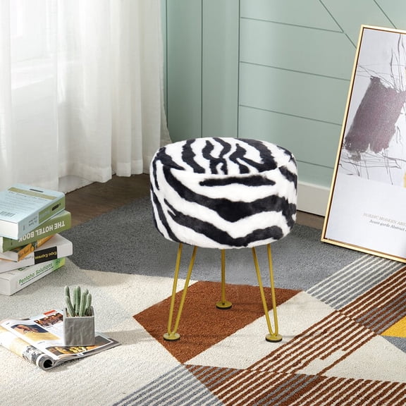 Home Soft Things Faux Fur Stool - Zebra - Gold Leg - 13x13x17"