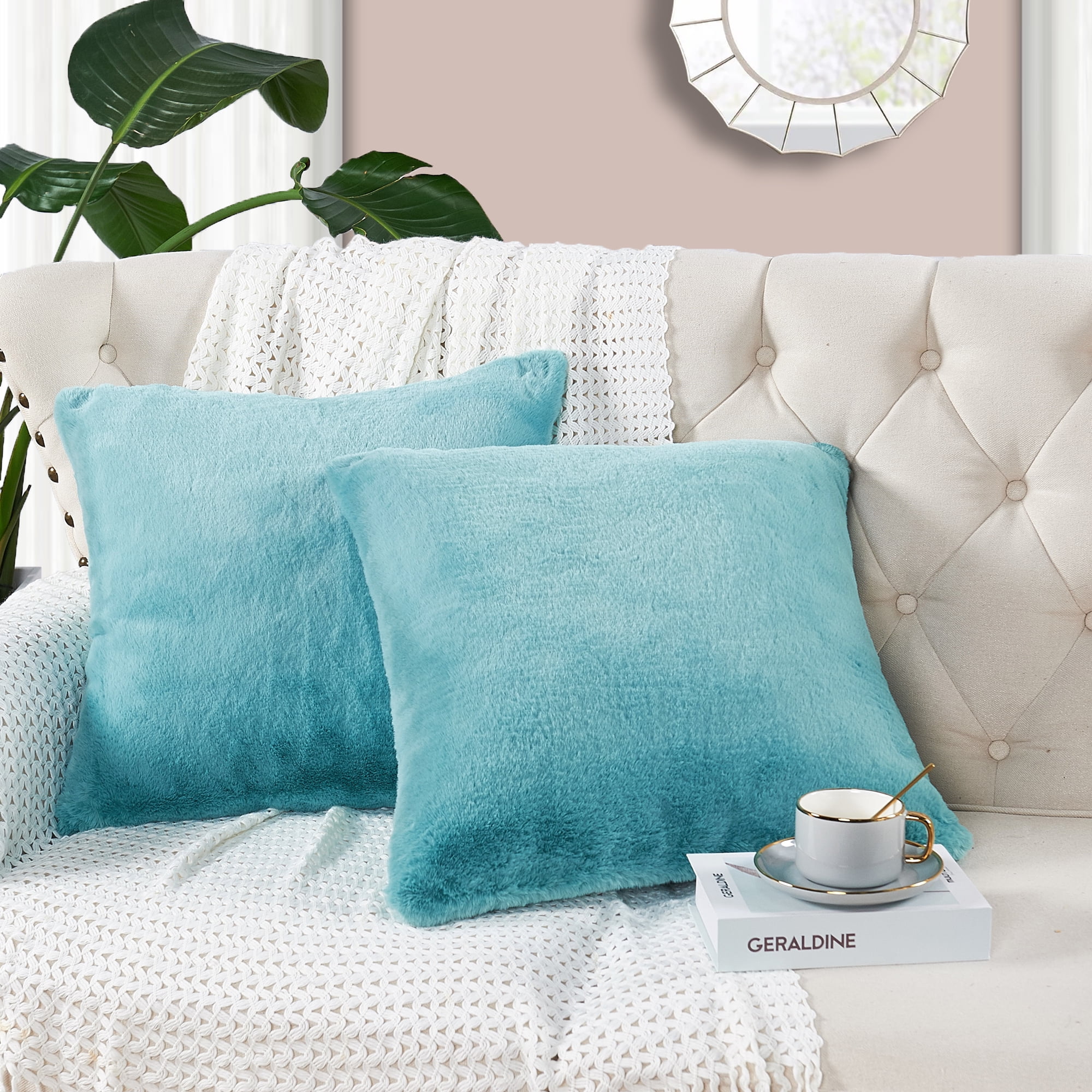ATTIBUT Pack of 2 Blue Gray Soft Faux Fur Plush Pillow Covers 16x16  Inch/40x40cm Boho Pillows Decorative Pillows for Bed Throw Pillows for Bed  Sofa
