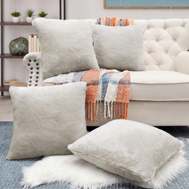 Home Soft Things Faux Fur Throw Pillow Cover 4 Piece SetFeather Gray