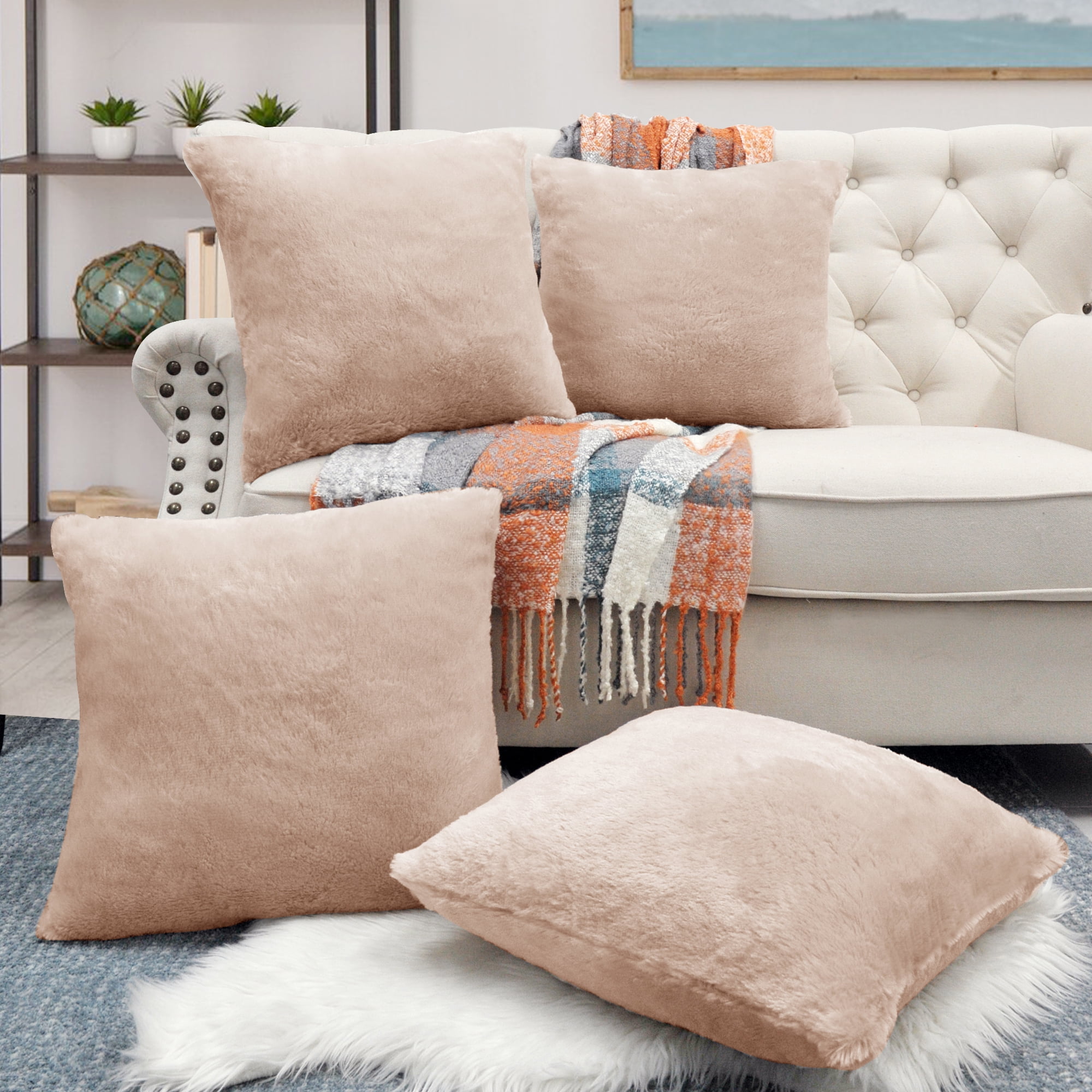 Moonlight Beige Faux Fur Square Pillow Covers Set