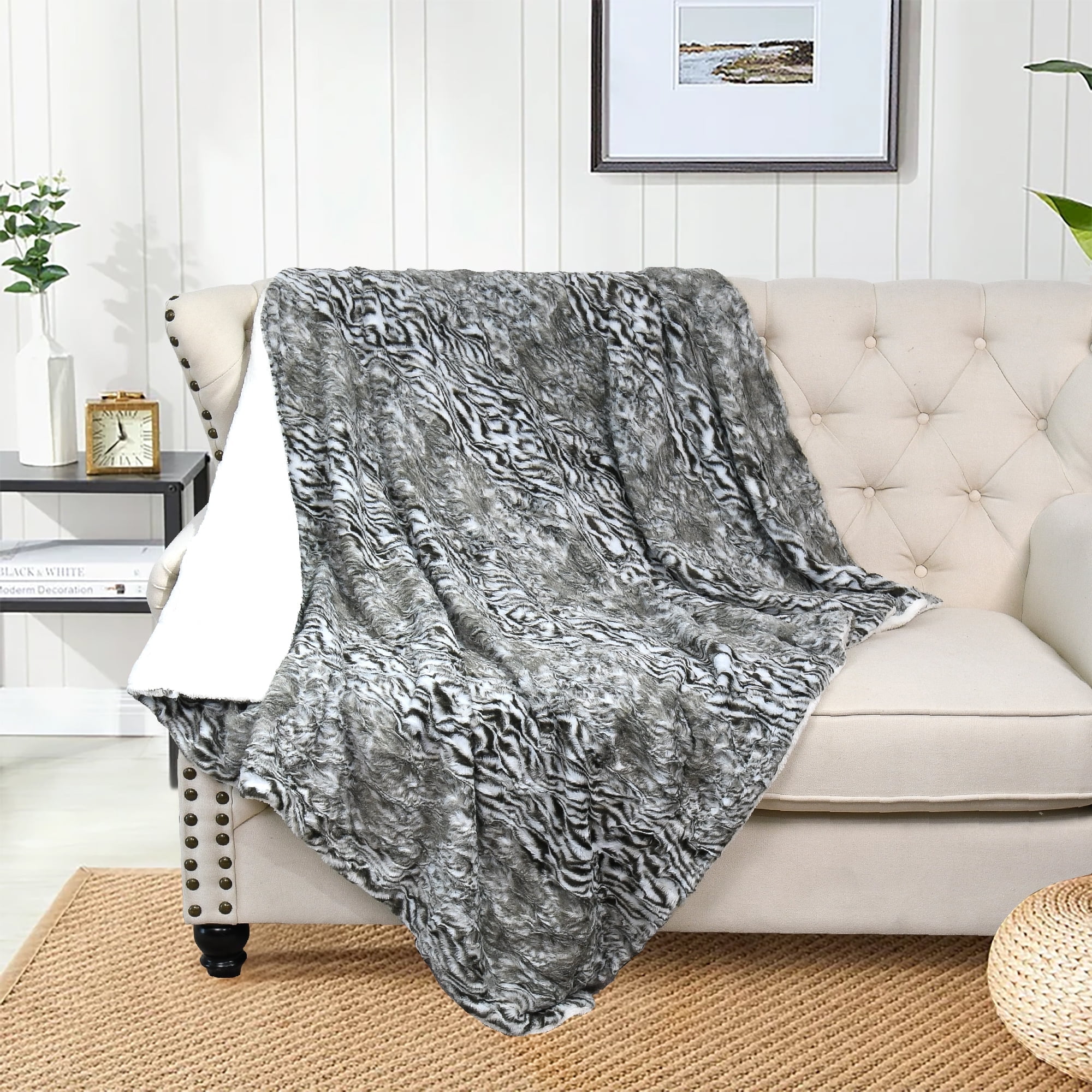Victoria Gray Faux Fur Reversible Sherpa Throw Blanket